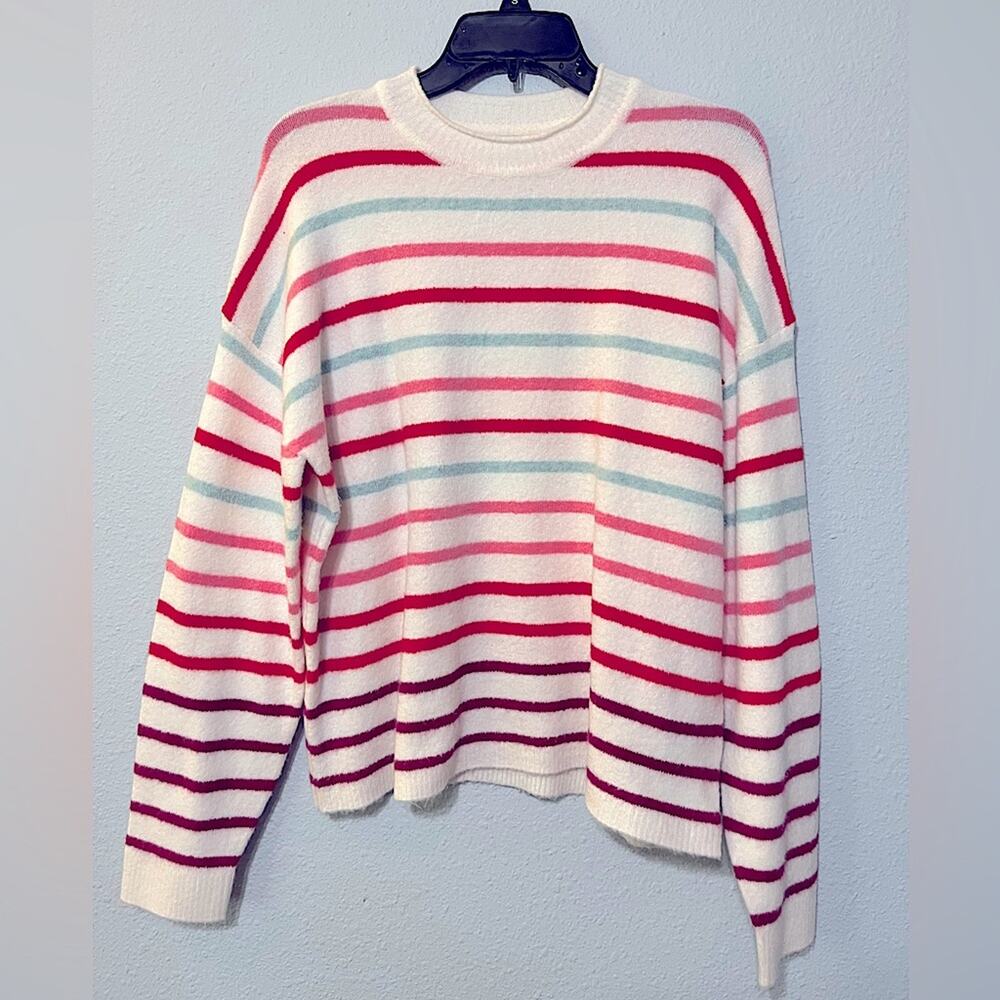 J. Crew Factory Cream Crewneck Sweater with Pink, Red & Light Blue Stripes